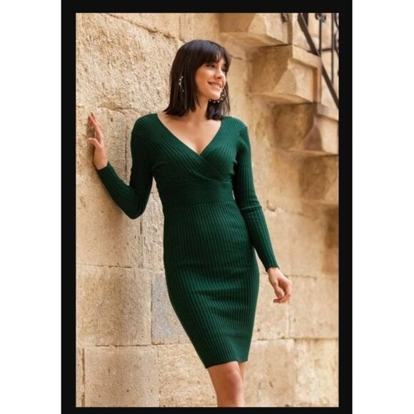 NEW LYANER Women's V Neck Wrap Front‎ Ribbed Knit Long Sleeve Bodycon Mini Short - Picture 1 of 9